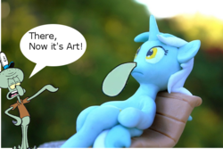 Size: 640x427 | Tagged: safe, lyra heartstrings, pony, unicorn, g4, artist unknown (spongebob episode), crossover, dialogue, male, nose, now it's art, open mouth, sculpture, sitting lyra, speech bubble, spongebob squarepants, squidward tentacles