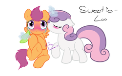 Size: 4000x2500 | Tagged: dead source, safe, artist:kitay-lubber, scootaloo, sweetie belle, g4, blushing, cheek kiss, comforting, crying, female, kissing, lesbian, magic, ship:scootabelle, shipping