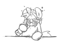 Size: 2783x1834 | Tagged: safe, artist:leadhooves, oc, oc only, oc:kneaded rubber, bottle, drunk, glasses, grayscale, monochrome, solo