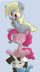 Size: 701x1253 | Tagged: safe, artist:frankier77, derpy hooves, pinkie pie, oc, oc:shimmer, hamster, pony, g4, clothes, derpy riding pinkie pie, filly, pile, ponies riding ponies, ponies riding ponies riding ponies, pony hat, riding, scarf