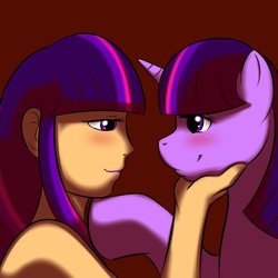 Size: 800x800 | Tagged: safe, artist:kloudmutt, twilight sparkle, human, g4, blushing, duality, eye contact, female, human ponidox, humanized, imminent kissing, looking at each other, mare, selfcest, smiling