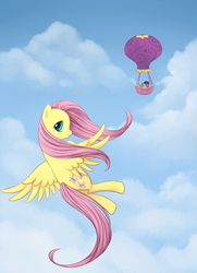 Size: 2100x2908 | Tagged: safe, artist:lorien077, fluttershy, spike, twilight sparkle, g4, balloon, hot air balloon, sky, twinkling balloon