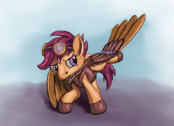Size: 1904x1378 | Tagged: safe, artist:morevespenegas, scootaloo, pegasus, pony, g4, artificial wings, augmented, female, filly, foal, goggles, mechanical wing, mouth hold, wings