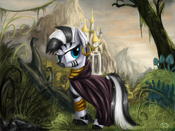 Size: 900x675 | Tagged: safe, artist:daffydream, zecora, zebra, g4, canterlot, cloak, clothes, female, scenery, solo, tree, waterfall