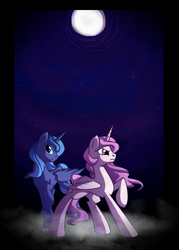 Size: 1000x1400 | Tagged: safe, artist:yokokinawa, princess celestia, princess luna, g4, moon, night, pink-mane celestia, younger