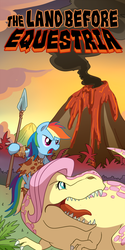 Size: 750x1500 | Tagged: safe, artist:madmax, fluttershy, rainbow dash, dinosaur, pegasus, pony, tyrannosaurus rex, g4, cave pony, cavemare, clothes, dinosaurified, don bluth, dress, fluttersaurus rex, hilarious in hindsight, lava, loincloth, loincloth aside, prehistoric, spear, species swap, the land before time, volcano, weapon