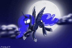 Size: 990x660 | Tagged: safe, artist:strebiskunk, princess luna, g4, female, flying, glowing eyes, moon, night, solo