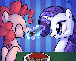 Size: 1280x1024 | Tagged: safe, artist:rwl, pinkie pie, rarity, g4, feeding, female, lesbian, ship:raripie, shipping, spaghetti