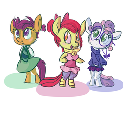 Size: 1000x1000 | Tagged: safe, artist:ponygoggles, apple bloom, scootaloo, sweetie belle, earth pony, pegasus, unicorn, semi-anthro, g4, :o, adorabloom, alvin and the chipmunks, bipedal, blushing, brittany miller, clothes, cosplay, costume, crossover, cute, cutealoo, cutie mark crusaders, diasweetes, eleanor miller, female, filly, foal, glasses, head tilt, jeanette miller, looking at you, meganekko, neckerchief, necktie, open mouth, simple background, skirt, smiling, sweater, the chipettes, turtleneck, white background