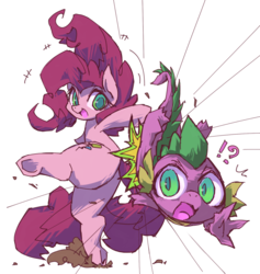 Size: 946x1000 | Tagged: safe, artist:kolshica, pinkie pie, spike, changeling, g4, chubby, female, kick, male, plump, spikeabuse