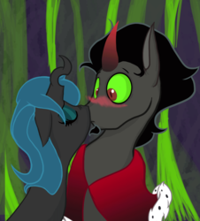 Size: 1237x1366 | Tagged: safe, artist:riquis101, edit, king sombra, queen chrysalis, changeling, changeling queen, pony, unicorn, g4, blushing, cute, cutealis, female, kissing, male, ship:chrysombra, shipping, sombradorable, straight, younger