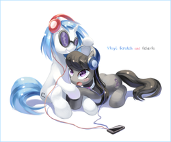 Size: 766x637 | Tagged: safe, artist:tsurukinoki, dj pon-3, octavia melody, vinyl scratch, g4, blushing, glasses, headphones, iphone, sharing headphones, simple background