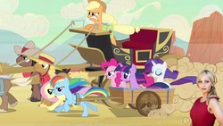 Size: 1280x720 | Tagged: safe, artist:capnpea, edit, edited screencap, screencap, applejack, caboose, evening star, fluttershy, full steam, pinkie pie, promontory, rainbow dash, rarity, twilight sparkle, earth pony, pegasus, pony, unicorn, g4, my little pony: friendship is magic, the last roundup, creeper tara, female, fimbriae, horn, male, mane six, mare, stallion, tara strong, unicorn twilight, wagon