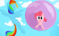 Size: 3000x1855 | Tagged: safe, artist:doe-shmo, pinkie pie, rainbow dash, g4, balloon, cloud, cloudy, pinkie pie trapped in a balloon, sky, then watch her balloons lift her up to the sky