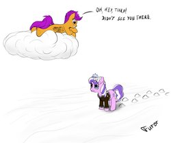 Size: 981x815 | Tagged: safe, artist:furor1, diamond tiara, scootaloo, earth pony, pegasus, pony, g4, cloud, scootaloo can fly, ship:scootiara, shipping, snow