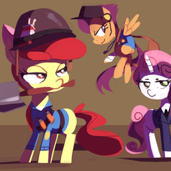 Size: 600x600 | Tagged: safe, artist:karzahnii, apple bloom, scootaloo, sweetie belle, earth pony, pegasus, pony, unicorn, g4, blank flank, clothes, crossover, cutie mark crusaders, female, filly, flying, foal, hooves, horn, lineless, scout (tf2), scoutaloo, shovel, soldier, soldier (tf2), spread wings, spy, spy (tf2), team fortress 2, wings