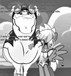 Size: 656x698 | Tagged: safe, bulk biceps, cloudchaser, g4, my little pony: friendship is magic, wonderbolts academy, cloudrage, comic sans, image macro, monochrome, sin city