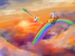 Size: 1600x1200 | Tagged: safe, artist:nabe, gilda, rainbow dash, griffon, pony, g4, cloud, cloudy, female, flying, mare, rainbow, scenery, sonic rainboom, sunset