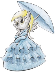 Size: 1824x2400 | Tagged: safe, artist:aqnichols, derpy hooves, pony, g4, bipedal, clothes, dress, female, solo, traditional art, umbrella