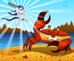 Size: 6344x5266 | Tagged: safe, artist:gray--day, rarity, crab, giant crab, starfish, g4, absurd resolution, rarity fighting a giant crab, snorting