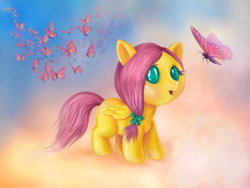 Size: 800x600 | Tagged: safe, artist:voodoo-tiki, fluttershy, butterfly, pony, g4, baby, baby pony, babyshy, cloud, cloudy, female, solo, younger