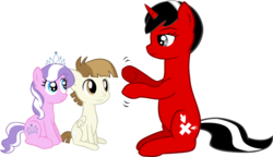 Size: 1176x679 | Tagged: safe, artist:ludiculouspegasus, diamond tiara, featherweight, oc, oc:clara life, earth pony, pegasus, pony, unicorn, g4, colt, feathertiara, female, filly, foal, hooves, male, mare, mute, shipping, sign language, simple background, transparent background