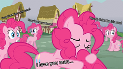 Size: 1280x720 | Tagged: safe, edit, edited screencap, screencap, pinkie pie, earth pony, pony, g4, too many pinkie pies, clone, female, image macro, marathon (video game), mare, multeity, pinkie clone, simulacrum, too much pink energy is dangerous