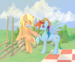 Size: 1387x1160 | Tagged: safe, artist:v-invidia, applejack, rainbow dash, earth pony, pegasus, pony, g4, accessory swap, cloud, cloudy, eyes closed, female, fence, hat, lesbian, open mouth, open smile, ship:appledash, shipping, sitting, smiling