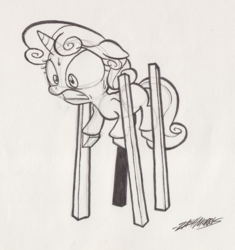 Size: 1000x1063 | Tagged: safe, artist:willdrawforfood1, sweetie belle, pony, unicorn, g4, female, monochrome, scared, sketch, solo, stilts, sweat, sweatdrop, traditional art