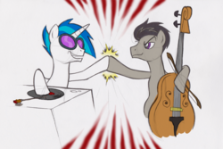 Size: 1000x666 | Tagged: safe, artist:willdrawforfood1, dj pon-3, octavia melody, vinyl scratch, earth pony, pony, unicorn, g4, duo, duo male, hoofbump, male, octavius, record scrape, rule 63