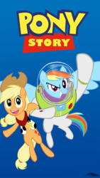 Size: 800x1420 | Tagged: safe, artist:willdrawforfood1, applejack, rainbow dash, g4, buzz lightyear, crossover, male, pixar, toy story, woody