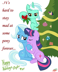 Size: 900x1124 | Tagged: safe, artist:willdrawforfood1, bon bon, lyra heartstrings, sweetie drops, trixie, twilight sparkle, g4, christmas tree, female, heartstrings, holly, holly mistaken for mistletoe, kissing, lesbian, ship:twixie, shipping, tree