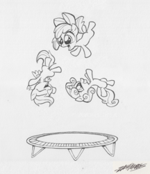 Size: 1000x1155 | Tagged: safe, artist:willdrawforfood1, apple bloom, scootaloo, sweetie belle, g4, cutie mark crusaders, monochrome, traditional art, trampoline