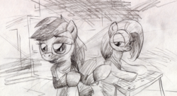 Size: 1000x545 | Tagged: safe, artist:willdrawforfood1, fluttershy, rainbow dash, g4, a-ha, crossover, keyboard, monochrome, musical instrument, parody, take on me, traditional art