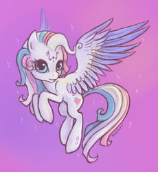 Size: 966x1049 | Tagged: safe, artist:turonie, star catcher, pegasus, pony, g3, g4, 2013, female, flying, g3 to g4, generation leap, gradient background, looking at you, pink background, purple background, signature, simple background, solo, sparkles, spread wings, turned head, wings