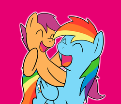Size: 1024x884 | Tagged: safe, artist:caluriri, rainbow dash, scootaloo, pegasus, pony, g4, cute, cutealoo, dashabetes, duo, duo female, eyes closed, female, filly, foal, mare, open mouth, open smile, pink background, simple background, smiling