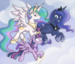 Size: 2536x2183 | Tagged: safe, artist:blackswhites, princess celestia, princess luna, twilight sparkle, alicorn, pony, g4, cape, clothes, cloud, cloudy, female, flying, mare, twilight sparkle (alicorn)