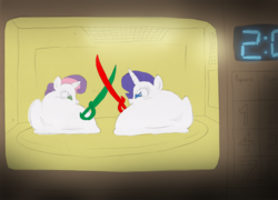 Size: 1000x718 | Tagged: safe, artist:willdrawforfood1, rarity, sweetie belle, pony, unicorn, g4, context in comments, context in description, duo, fight, horn, marshmallow, melting, meme, microwave, peeps, ponified meme, ponified video, rarity is a marshmallow, species swap, sweetie belle is a marshmallow too, sword, this will end in fire, wat