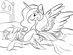 Size: 800x600 | Tagged: safe, artist:fizzy-dog, princess celestia, twilight sparkle, alicorn, pony, g4, bed, female, lesbian, lineart, mare, momlestia, ship:twilestia, shipping, sleeping, twilight sparkle (alicorn)