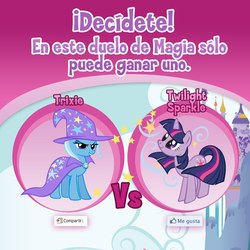 Size: 808x808 | Tagged: safe, trixie, twilight sparkle, pony, unicorn, g4, magic duel, my little pony: friendship is magic, official, canterlot, cape, clothes, facebook, female, hat, mare, me gusta, spanish, stock vector, translated in the comments, trixie's cape, trixie's hat, unicorn twilight, vs, windswept hair, windswept mane, windswept tail