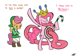 Size: 1000x737 | Tagged: safe, artist:willdrawforfood1, pinkie pie, scootaloo, g4, crown, impossibly long tongue, link, prehensile tongue, royal tongue pinkie, the legend of zelda