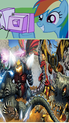 Size: 568x1012 | Tagged: safe, idw, rainbow dash, kaiju, g4, anguirus, battra, exploitable meme, gigan, godzilla, godzilla (series), hedorah, kumonga, monster x, mothra, rodan, spacegodzilla, titanosaurus, tv meme