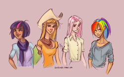 Size: 900x557 | Tagged: safe, artist:ancalinar, applejack, fluttershy, rainbow dash, twilight sparkle, human, g4, dark skin, humanized