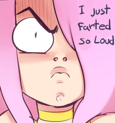 Size: 325x346 | Tagged: safe, artist:doxy, fluttershy, human, g4, :<, angry, close-up, dialogue, faic, female, frown, hair over one eye, humanized, implied farting, solo, text