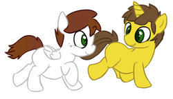 Size: 679x392 | Tagged: safe, artist:herald-of-tzeentch, oc, oc:harmony hope, pegasus, pony, unicorn, blank flank, chubby, colt, duo, duo male, fat, foal, male