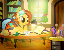 Size: 900x704 | Tagged: safe, artist:pixelkitties, oc, oc only, earth pony, pony, book, cottagecore, doll, feather, g.m. berrow, lamp, pointy ponies, scroll, tea, writing