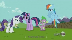 Size: 1023x576 | Tagged: safe, screencap, rainbow dash, rarity, spike, twilight sparkle, dragon, pony, unicorn, g4, keep calm and flutter on, female, hub logo, male, mare, marriage, rarity's bad pickup lines, youtube caption