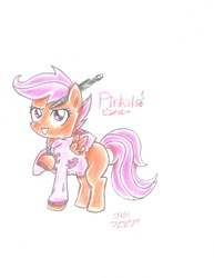 Size: 2532x3280 | Tagged: safe, artist:xcesskinavira, scootaloo, pegasus, pony, g4, clothes, female, filly, hoodie, mechanical pencil, open mouth, signature, simple background, smiling, solo, white background