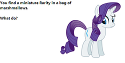 Size: 510x258 | Tagged: safe, rarity, pony, g4, bronybait, marshmallow, meta, micro, pet, solo, text, tiny, tiny ponies, what do