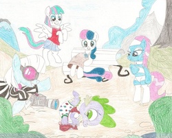Size: 997x802 | Tagged: safe, artist:wjmmovieman, blossomforth, bon bon, lotus blossom, photo finish, spike, sweetie drops, dragon, earth pony, pegasus, pony, g4, assisted exposure, bandeau, bench, bipedal, briefs, camera, clothes, diamond, dress, female, humiliation, male, mare, midriff, pervert, sitting, skirt, spikey-whities, tail through underwear, traditional art, underwear